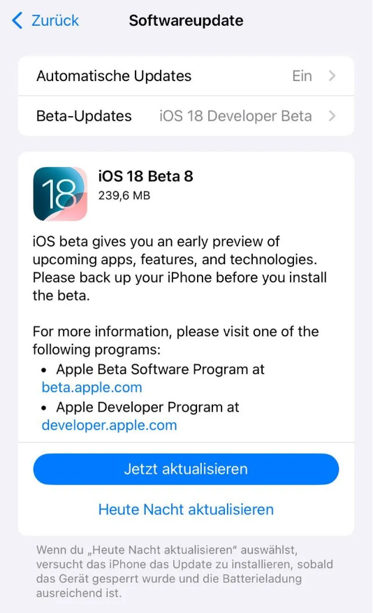 小榄镇苹果手机维修分享苹果 iOS / iPadOS 18 开发者预览版 Beta 8 发布 